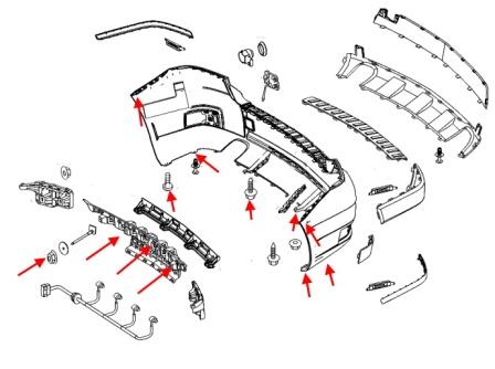 Schéma de montage du pare-chocs arrière Mercedes Classe GLK X204
