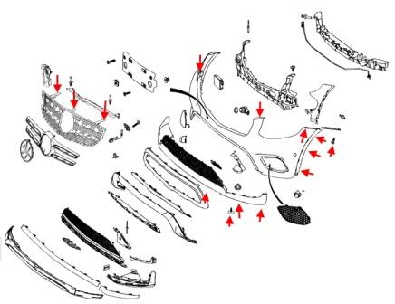 Схема крепления переднего бампера Mercedes GLC-Class X253