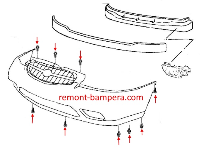 Схема крепления переднего бампера Nissan Altima II (L30) (1997-2001)