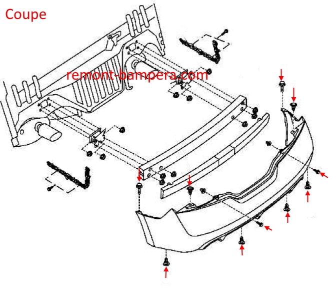 Схема крепления заднего бампера Nissan Altima IV (L32/D32) (2006-2013)