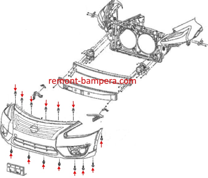 Esquema de montaje del parachoques delantero Nissan Altima V (L33) (2012-2018)