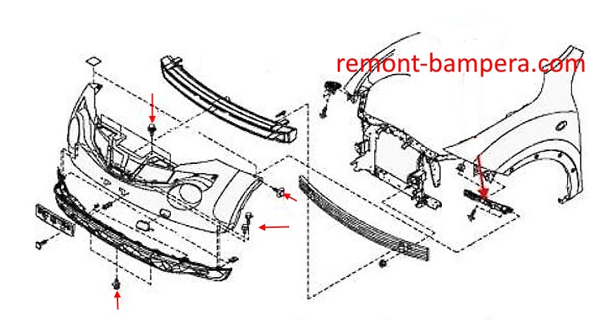 Montagediagramm für die vordere Stoßstange des Nissan Juke