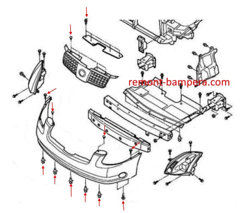 Схема крепления переднего бампера Nissan Maxima VI (A34) (2003-2008)