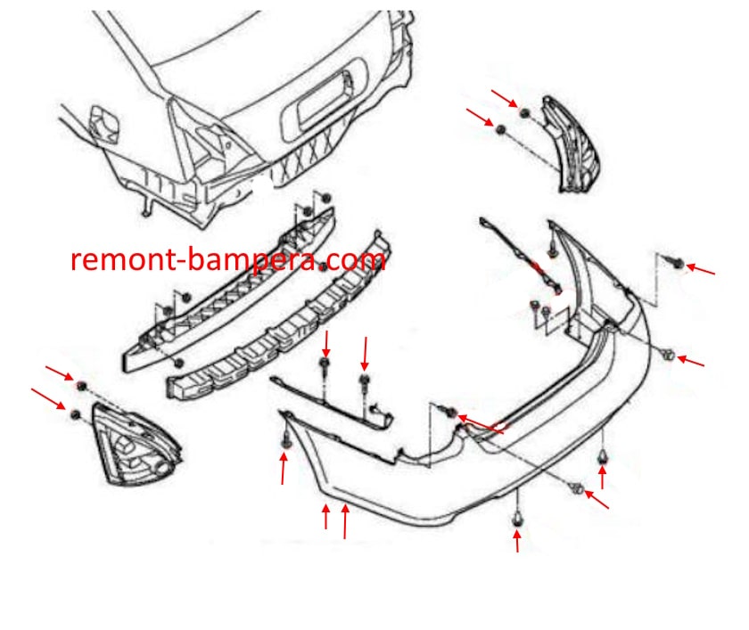 Схема крепления заднего бампера Nissan Maxima VI (A34) (2003-2008)