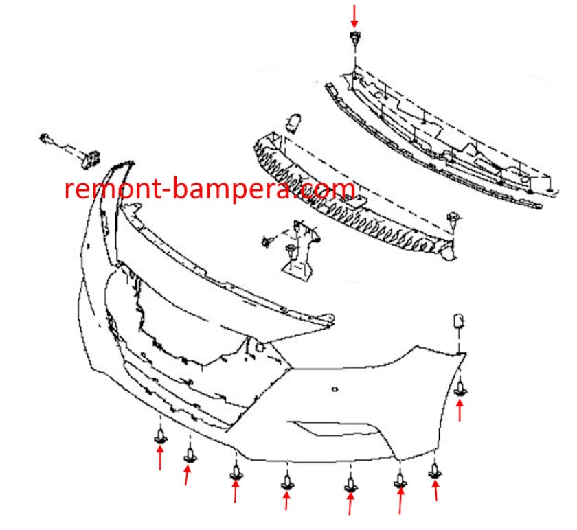 Схема крепления переднего бампера Nissan Maxima VIII (A36) (2015-2023)