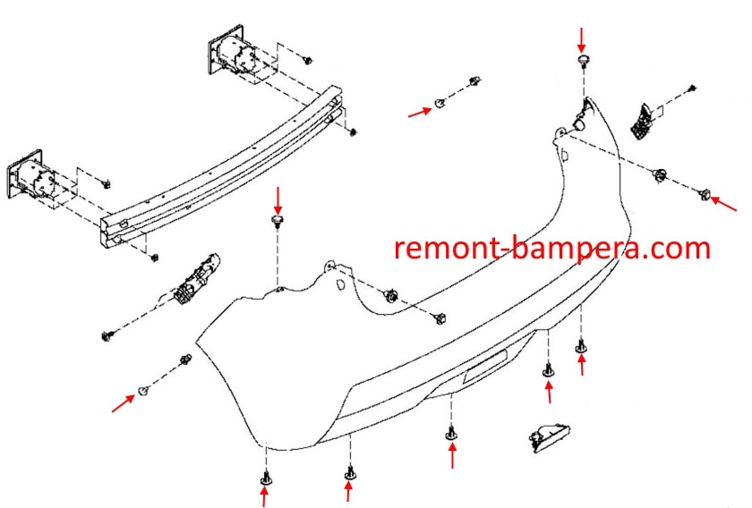 Схема крепления заднего бампера Nissan Micra V K14 (2017-2023)