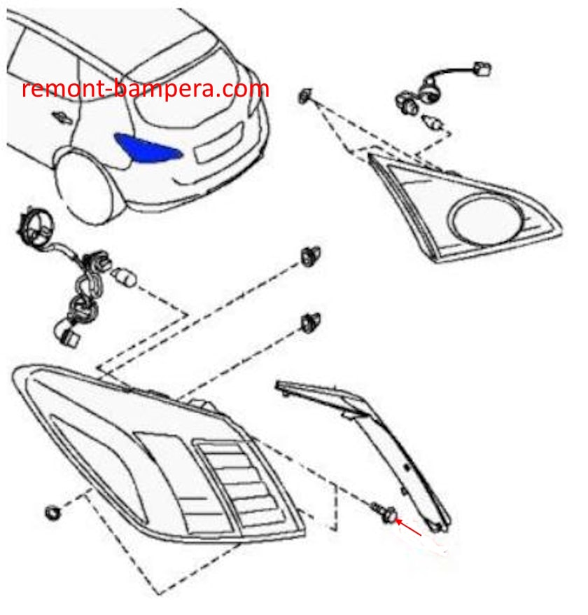 Схема крепления заднего фонаря Nissan Murano II Z51 (2007-2014)