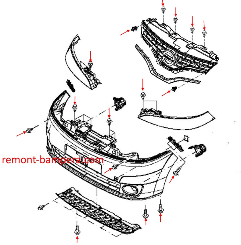 Схема крепления переднего бампера Nissan NV200 (2009-2023)