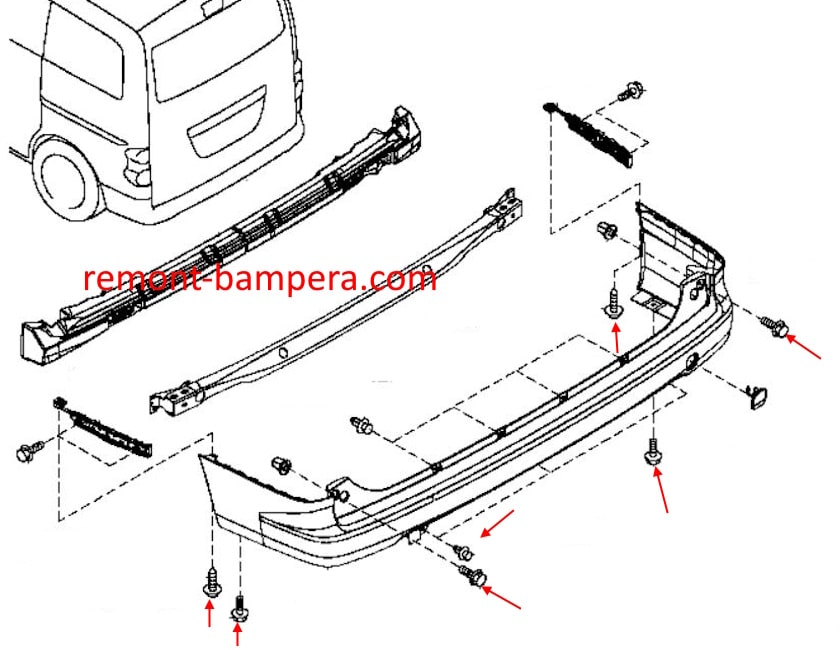 Схема крепления заднего бампера Nissan NV200 (2009-2023)
