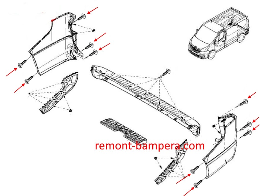 Схема крепления заднего бампера Nissan NV300 (2016-2023)