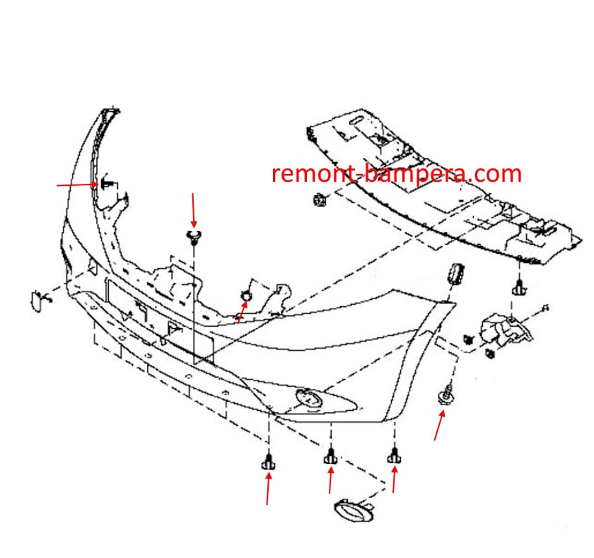 Схема крепления переднего бампера Nissan Note E12 (2013-2020)