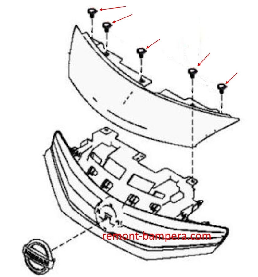 Схема крепления решетки радиатора Nissan Note E12 (2013-2020)
