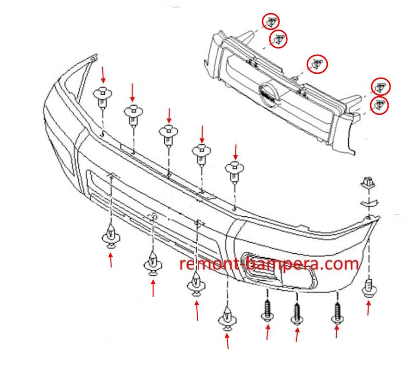 Схема крепления переднего бампера Nissan Pathfinder II R50 (1995-2004) 