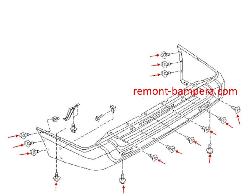 Схема крепления заднего бампера Nissan Pathfinder II R50 (1995-2004) 