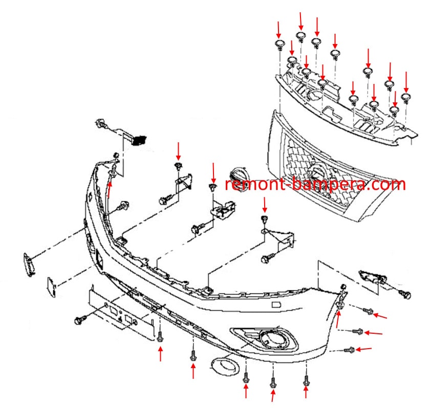 Montagediagramm für die vordere Stoßstange des Nissan Pathfinder IV R52 (2012–2020).