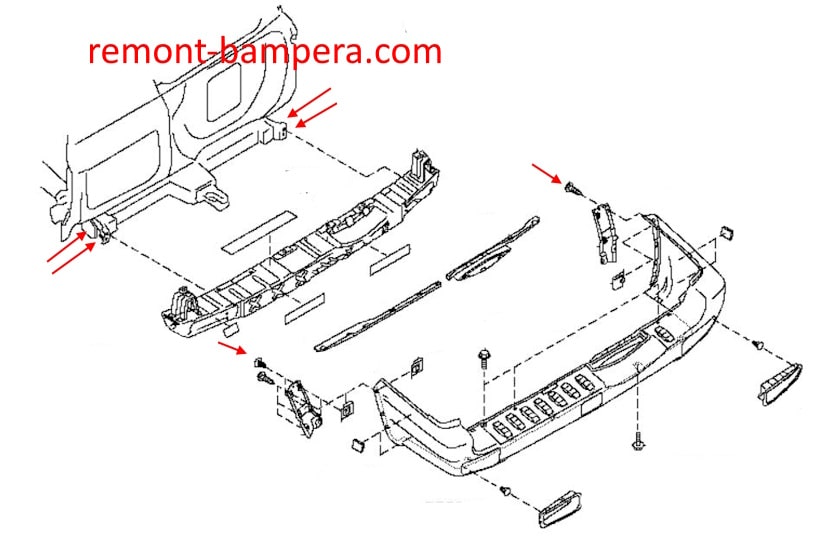 Схема крепления заднего бампера Nissan Patrol V Y61 (1997-2010)