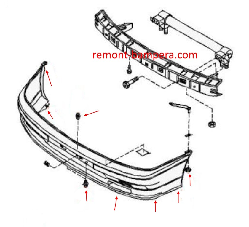 Diagrama de montaje del parachoques delantero Nissan Primera P10 (1990-1997)