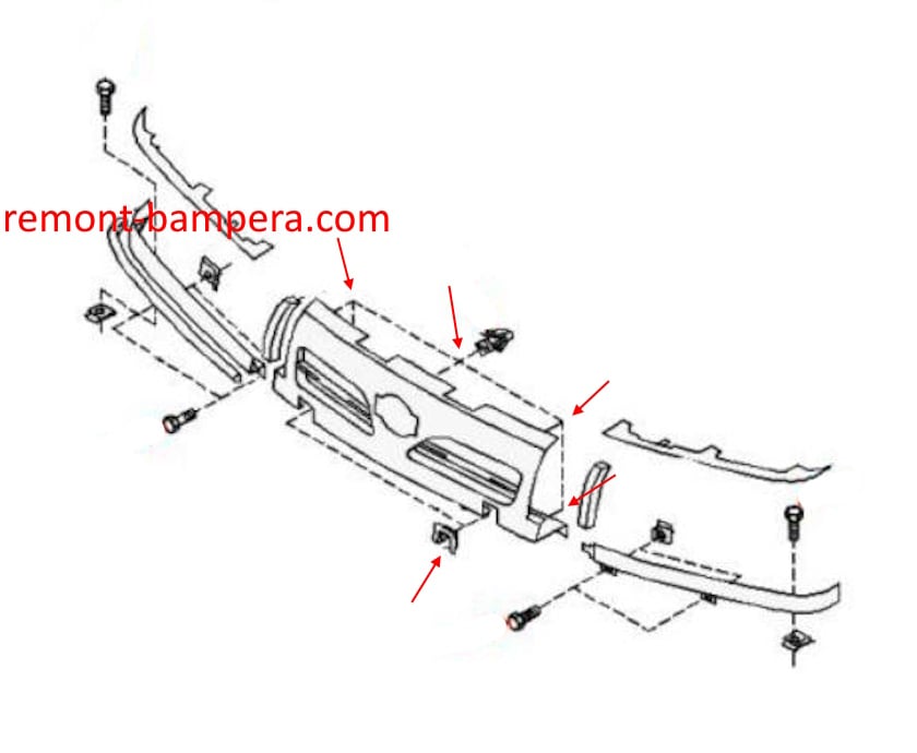 Esquema de montaje de la parrilla del radiador Nissan Primera P10 (1990-1997)