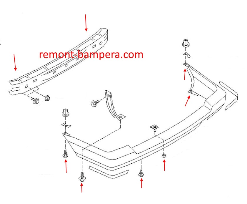 Esquema de montaje del parachoques trasero para Nissan Primera P10 (1990-1997)