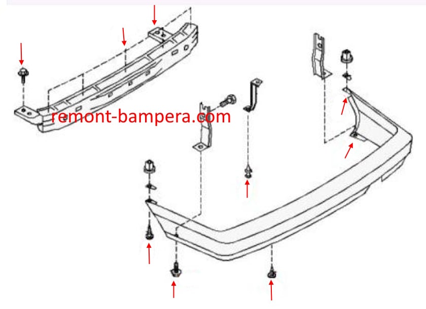 Esquema de montaje del parachoques trasero para Nissan Primera P10 (1990-1997)