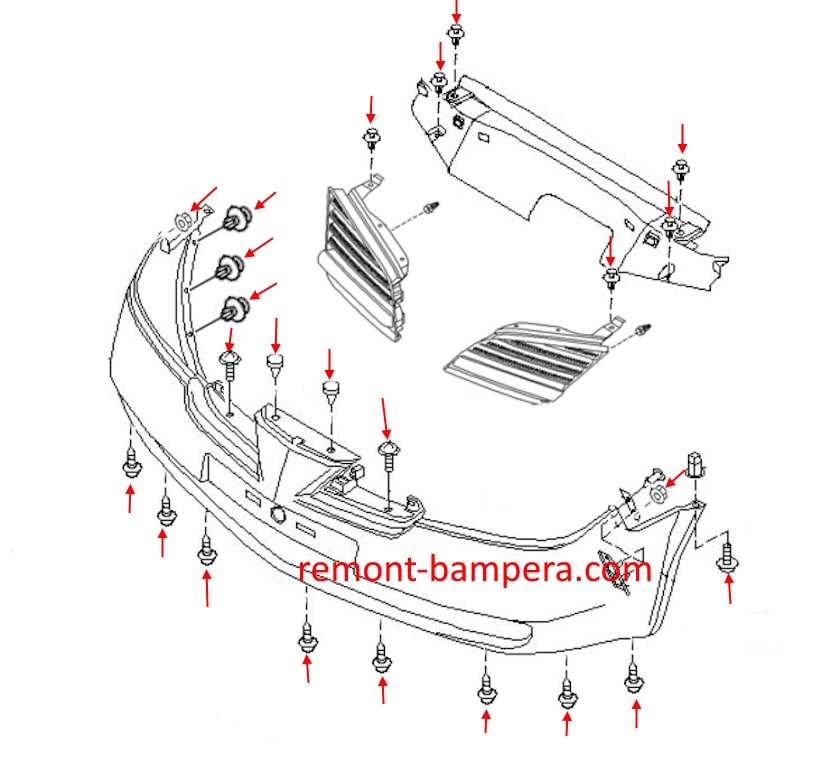 Schéma de montage du pare-chocs avant Nissan Primera P12 (2001-2008)