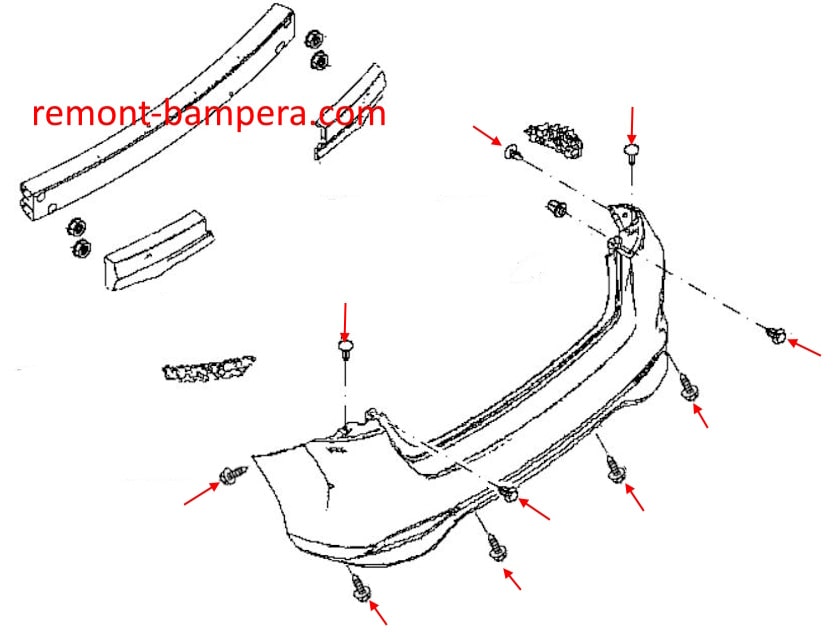 Схема крепления заднего бампера Nissan Pulsar C13 (2014-2018) 