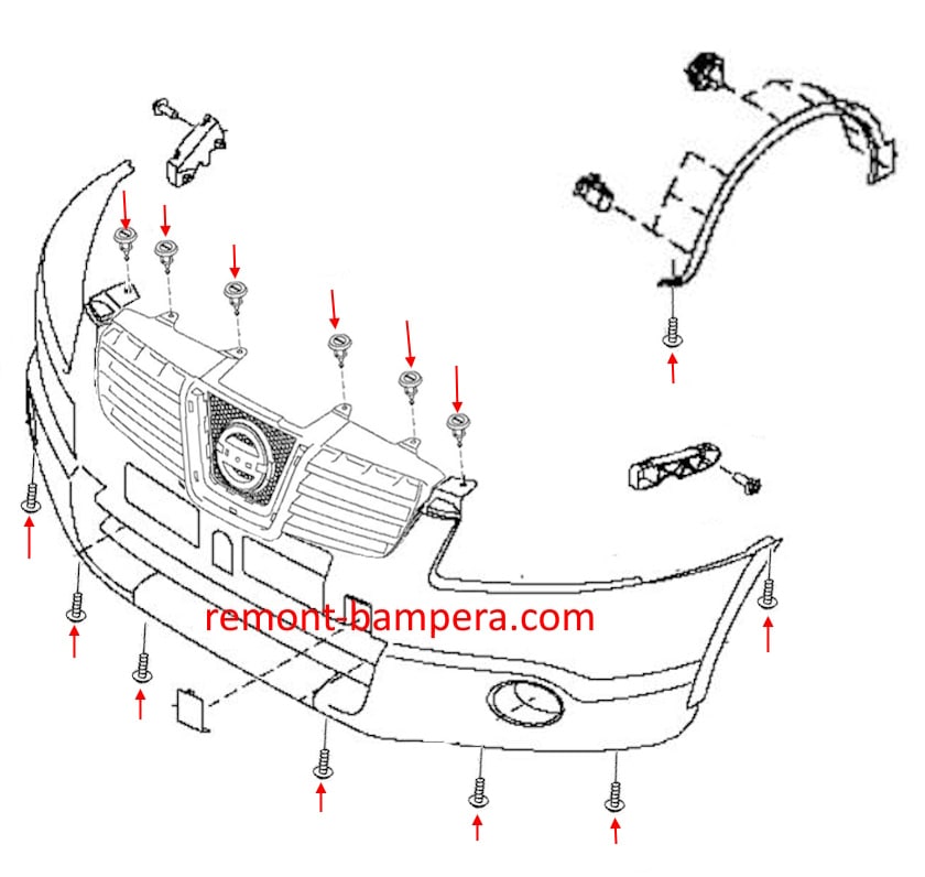 Схема крепления переднего бампера Nissan Qashqai J10 (2006-2013) 
