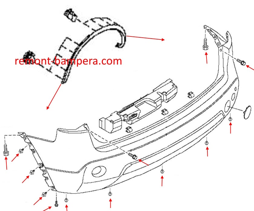 Схема крепления заднего бампера Nissan Qashqai J10 (2006-2013) 
