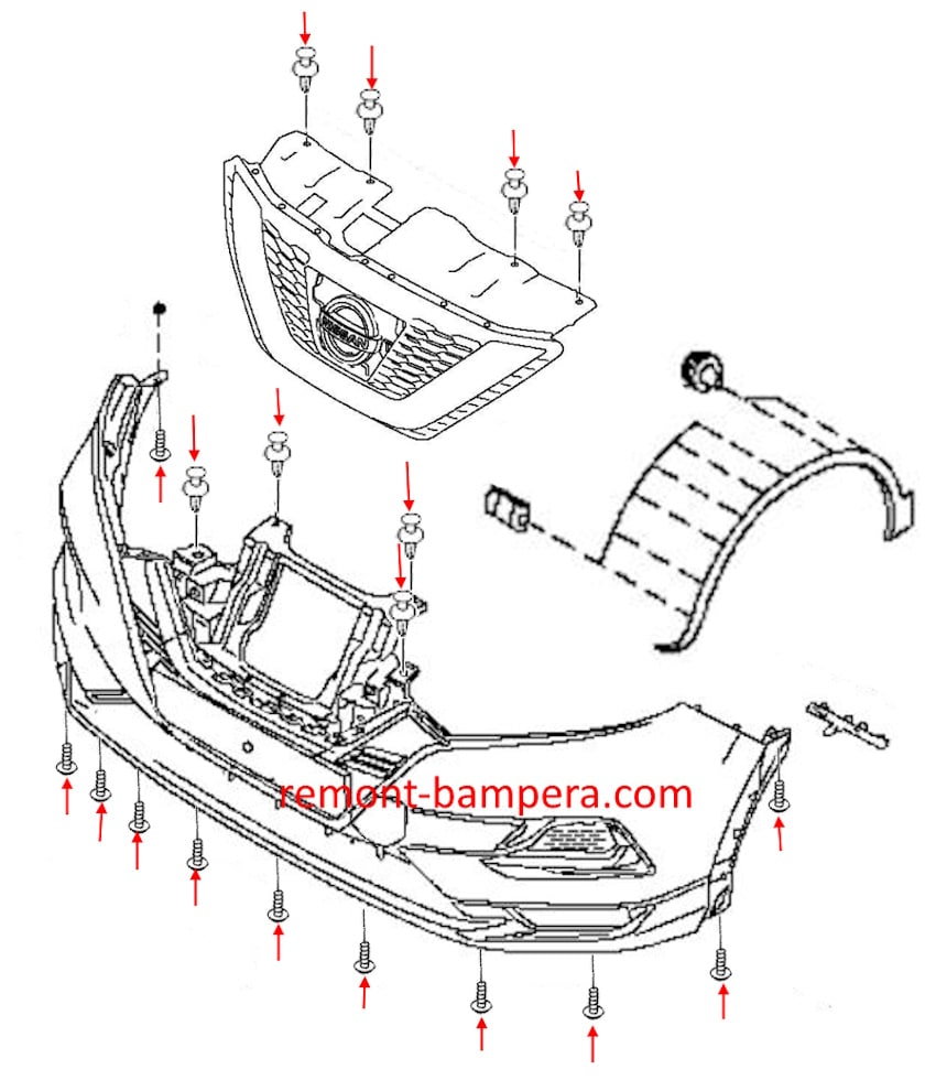 Схема крепления переднего бампера Nissan Qashqai II J11 (2013-2022) 