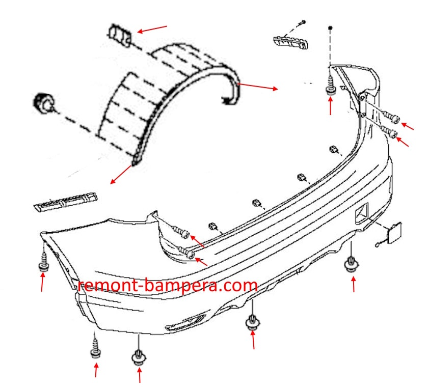 Схема крепления заднего бампера Nissan Qashqai II J11 (2013-2022) 