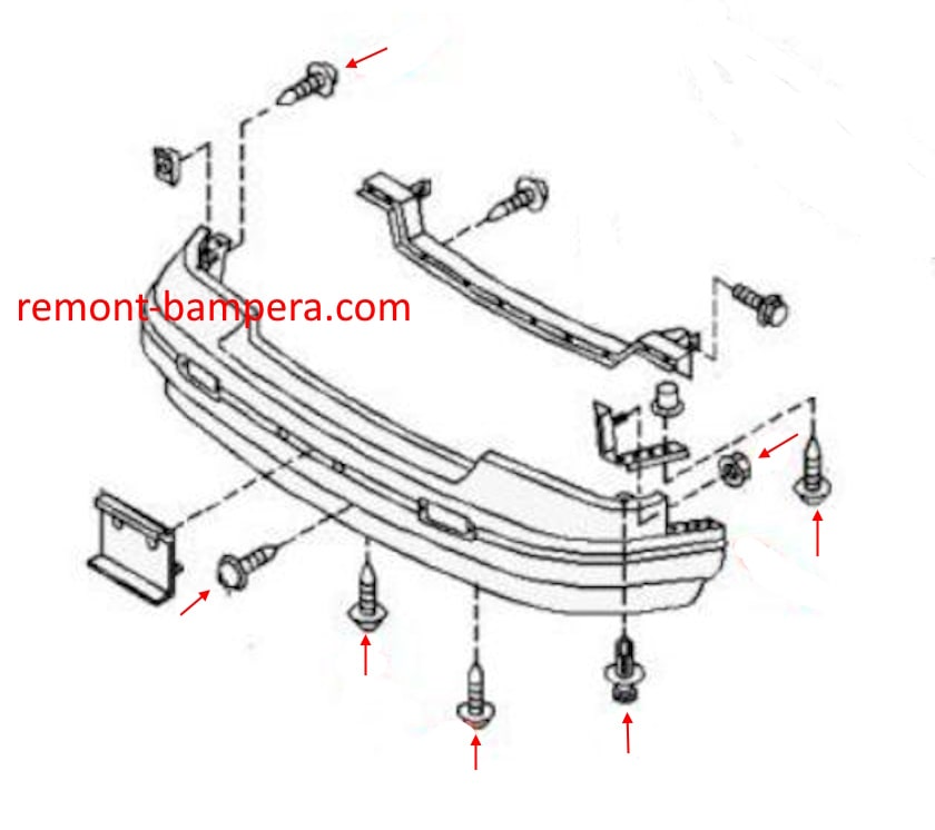 Схема крепления переднего бампера Nissan Quest I V40 (1992-1998) 