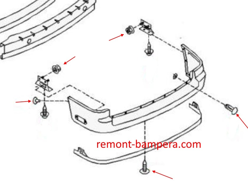 Схема крепления заднего бампера Nissan Quest I V40 (1992-1998) 