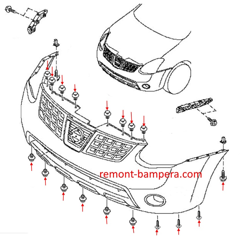 Схема крепления переднего бампера Nissan Rogue I S35 (2007-2013)