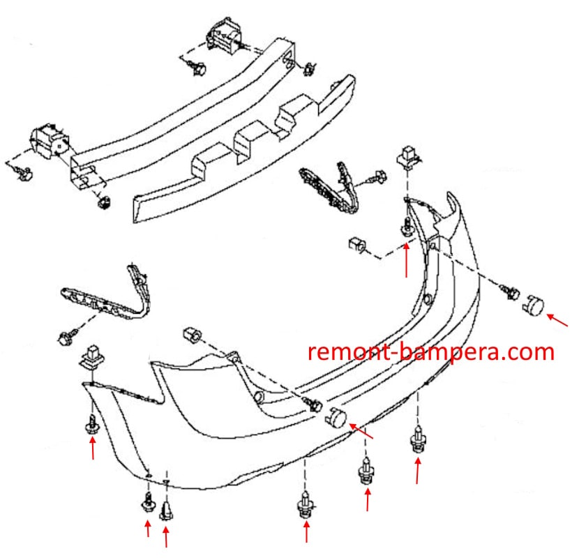Схема крепления заднего бампера Nissan Rogue I S35 (2007-2013)