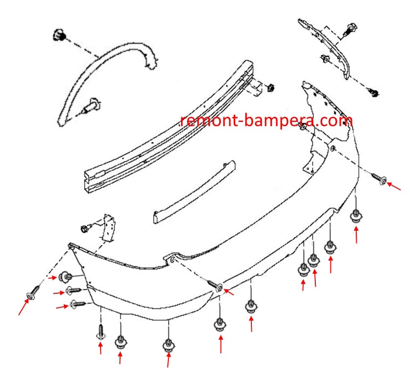 Схема крепления заднего бампера Nissan Rogue II T32 (2013-2020)