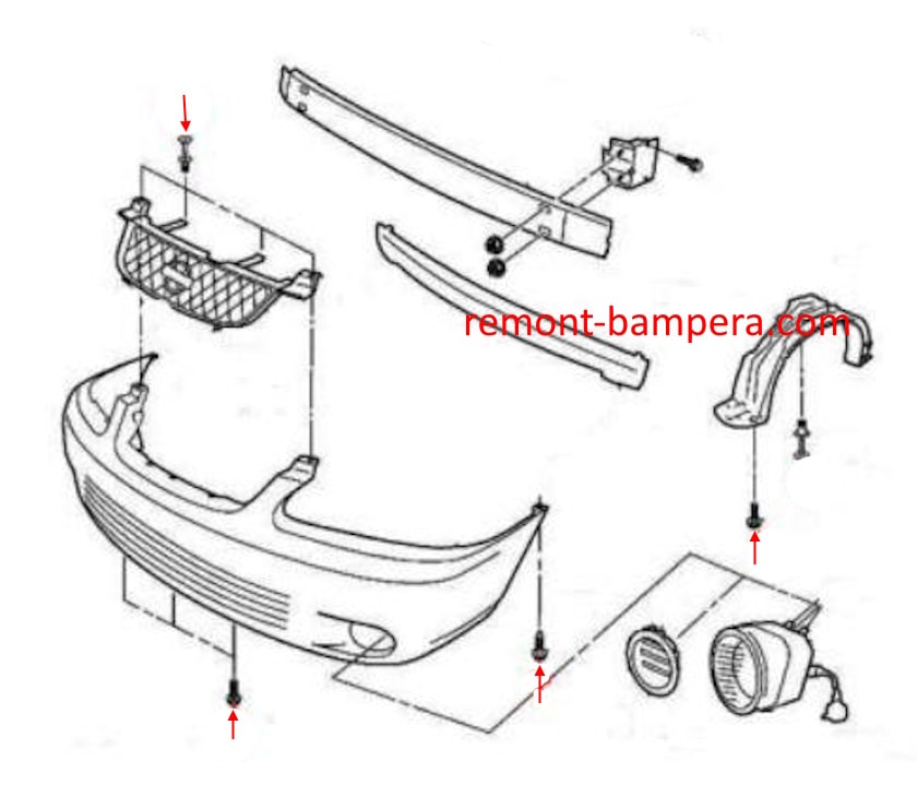 Схема крепления переднего бампера Nissan Sentra B15 (1999-2006) 