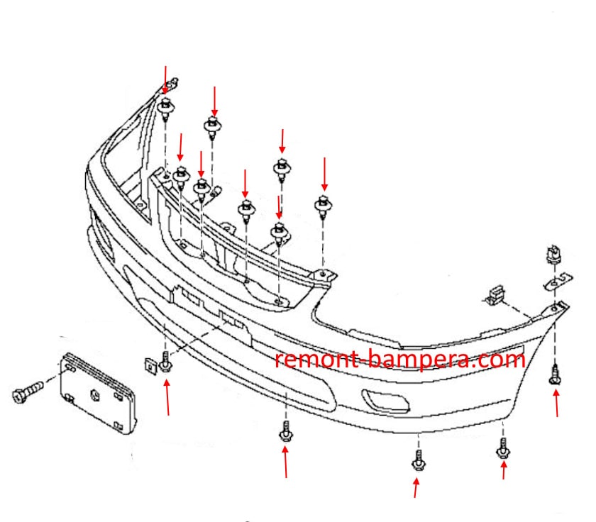 Схема крепления переднего бампера Nissan Sentra B15 (1999-2006) 