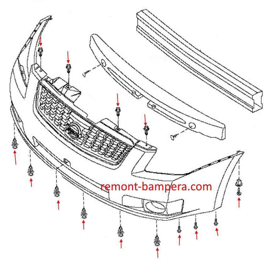 Schéma de montage du pare-chocs avant pour Nissan Sentra B16 (2006-2012)
