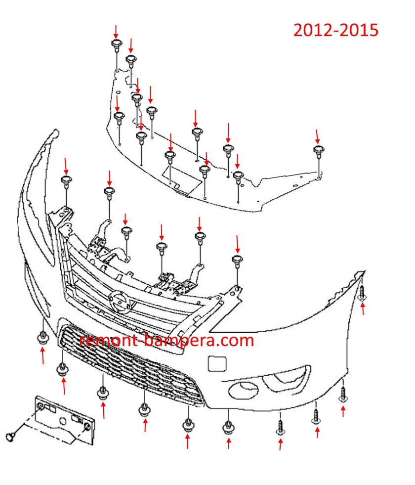 Схема крепления переднего бампера Nissan Sentra VII B17 (2012-2015)