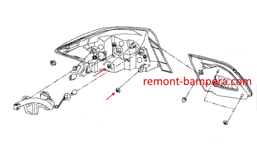 Схема крепления заднего фонаря Nissan Sentra VII B17 (2012-2019)