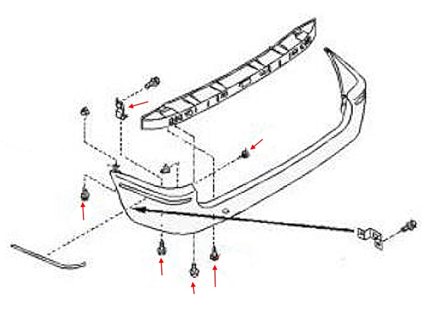 Схема крепления заднего бампера Nissan Serena I (C23) (1992-2001) 