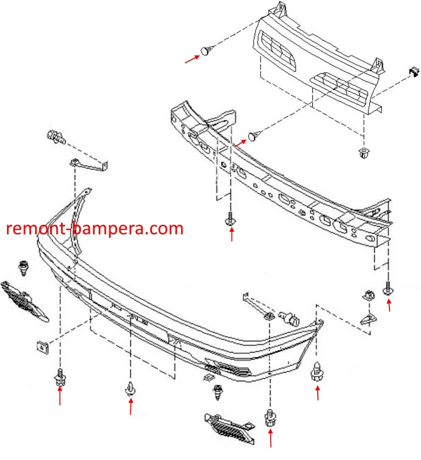 Schéma de montage du pare-chocs avant Nissan Sunny N14 (B13)