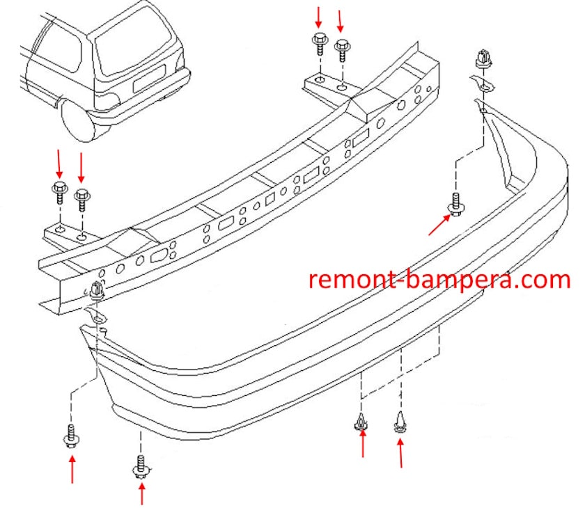 Schéma de montage du pare-chocs arrière Nissan Sunny N14 (B13)