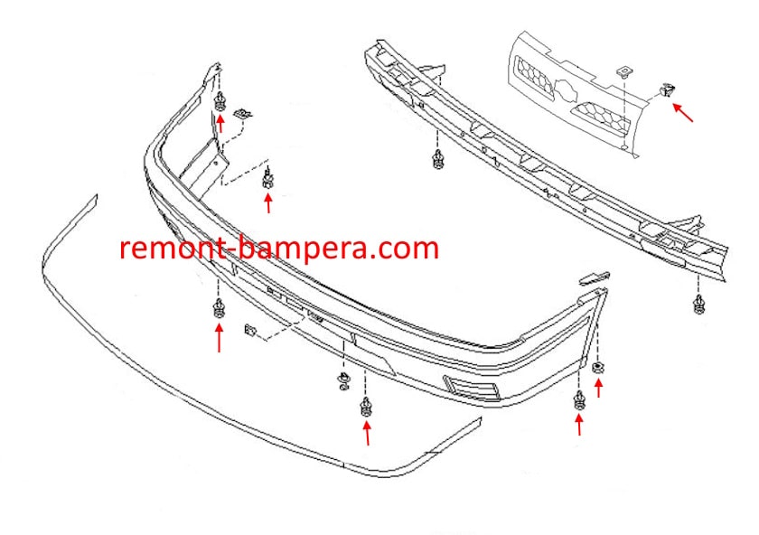 Schéma de montage du pare-chocs avant pour Nissan Sunny Y10 Wagon (1990-2000)