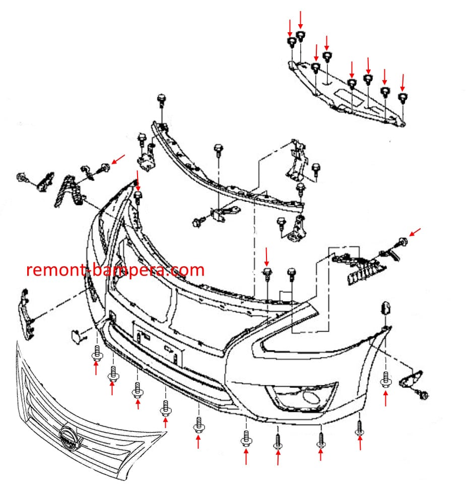Схема крепления переднего бампера Nissan Teana III (L33) (2014-2020)