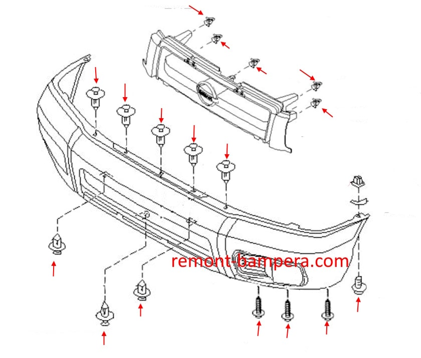 Схема крепления переднего бампера Nissan Terrano R50 (1997-2003) 