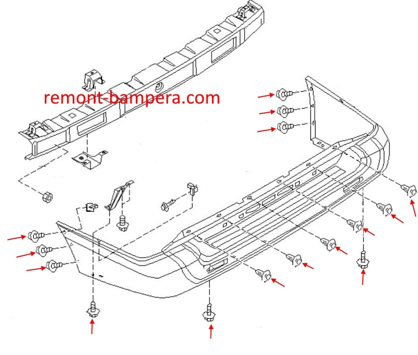 Схема крепления заднего бампера Nissan Terrano R50 (1997-2003) 