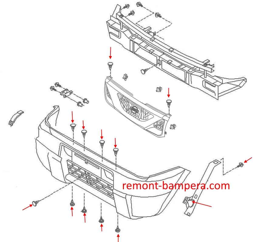 Schéma de montage du pare-chocs avant pour Nissan Terrano 2 R20 (1993-2006)