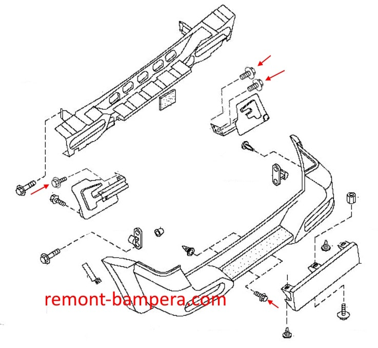 Schéma de montage du pare-chocs arrière pour Nissan Terrano 2 R20 (1993-2006)