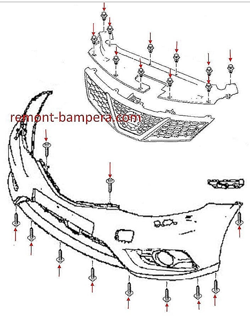 Схема крепления переднего бампера Nissan Tiida C13 (2015-2018)